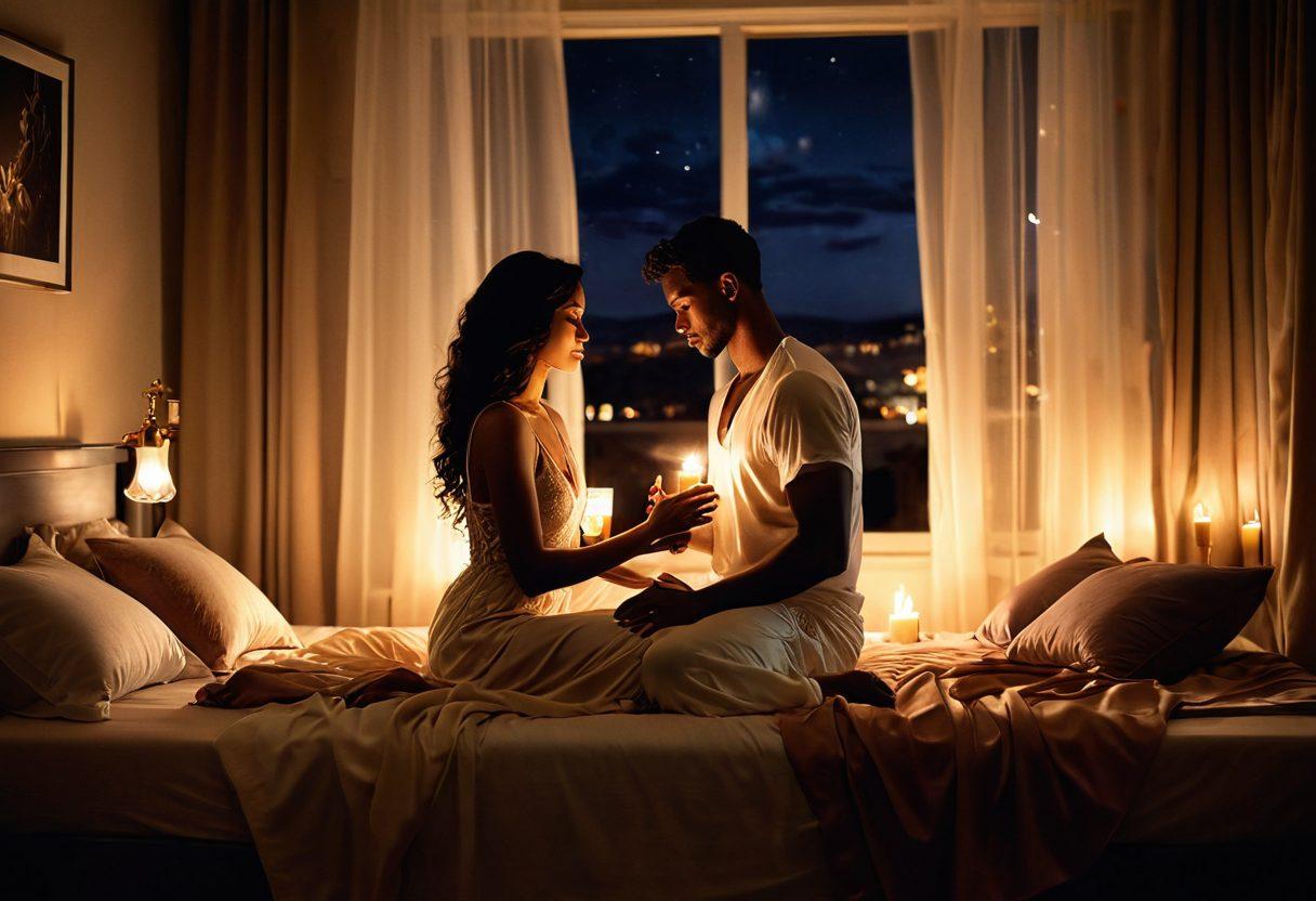 A romantic, intimate scene featuring a diverse couple in a softly lit bedroom, surrounded by candles and silk sheets. They are engaged in a playful exploration of each other's desires, with a variety of sensual items subtly placed around them. Background hints of an open window with sheer curtains allowing moonlight to filter in, adding a magical glow to the atmosphere. The mood should be warm and inviting, evoking a sense of passion and connection. soft focus, warm colors, romantic ambiance.
