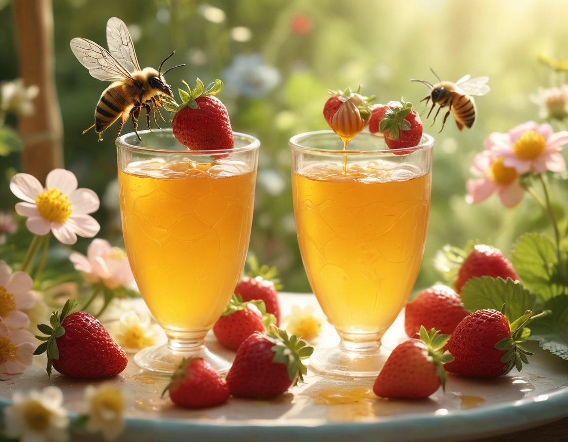 A whimsical scene with two lovers sharing a honey dipper, drizzling golden honey onto strawberries in a sunlit garden. Surround them with blooming flowers, butterflies fluttering, and soft pastel colors to enhance the romance. Subtle hints of honey-themed decor like bees and honeycombs in the background. super-realistic. vibrant colors. soft focus.