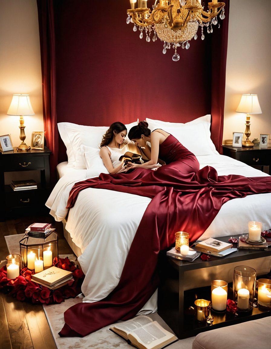A whimsical yet elegant bedroom setting, adorned with silk sheets and soft candlelight, featuring a couple embracing while playfully exploring a stack of fantasy-themed books and accessories. Incorporate subtle hints of sensuality, like rose petals and a glass of wine, against a dreamy backdrop. Warm, inviting color palette with hints of deep red and gold. soft focus. romantic atmosphere. vibrant colors.